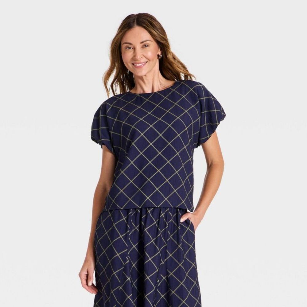 Women's Short Puff Sleeve Top - A New Day Navy Blue S